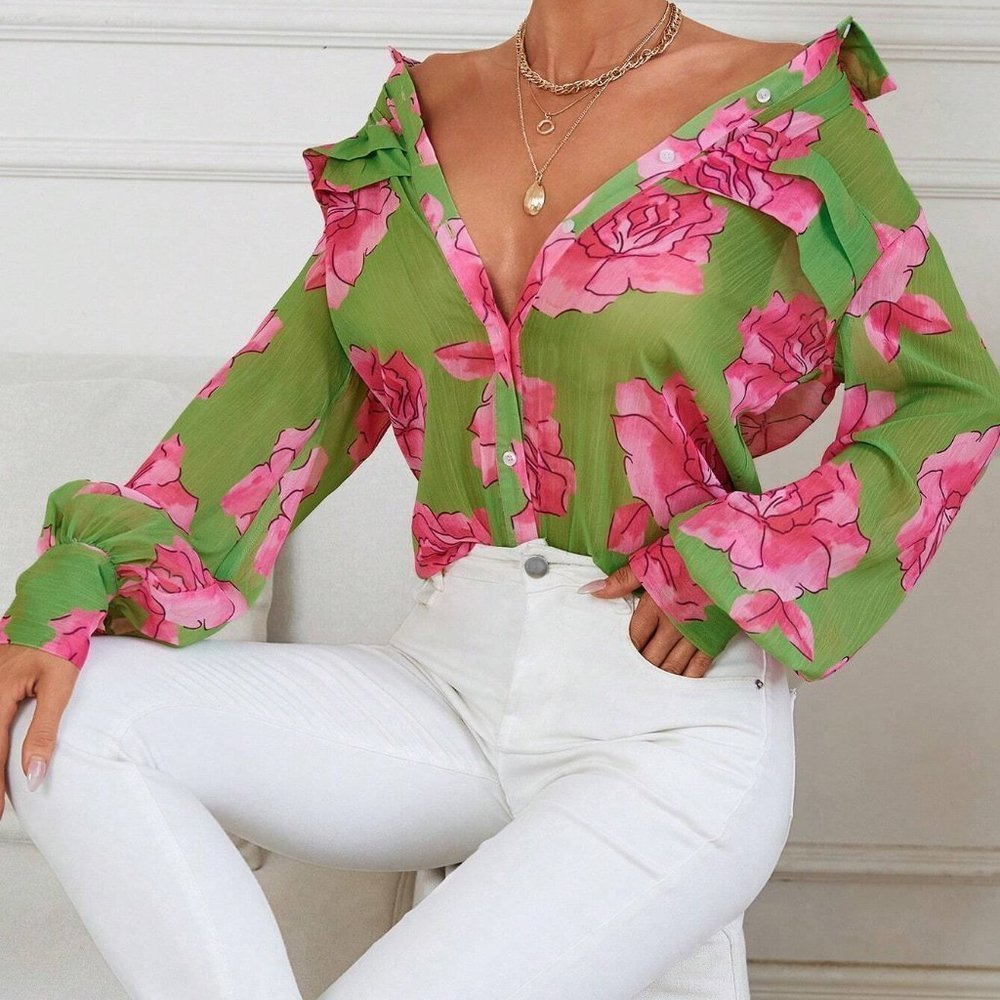 Floral Print Lantern Sleeve Shirt - Picture 4 of 5